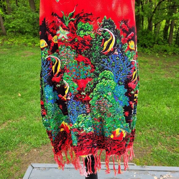 IN GEAR Sleeveless Orange Red Tropical Sea Dress with Fringe size Small - Picture 6 of 8